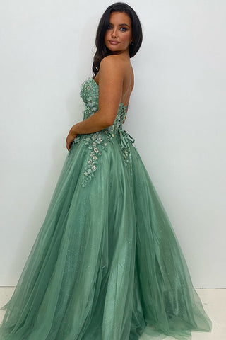 Sage Sweetheart Tulle Tiered A-Line Long Corset Prom Dress with Appliques