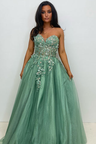 Sage Sweetheart Tulle Tiered A-Line Long Corset Prom Dress with Appliques