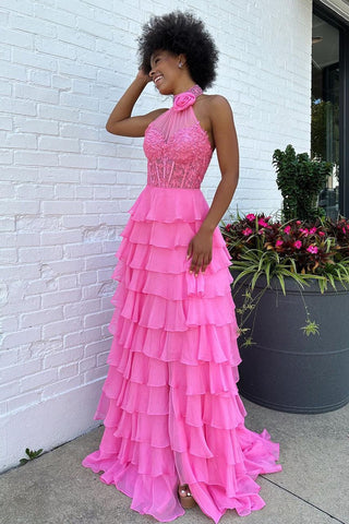 Hot Halter Neck A-Line Chiffon Ruffled Long Corset Prom Dress with Appliques