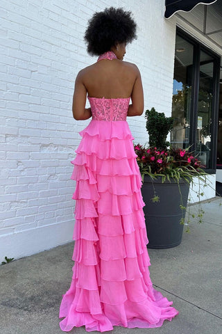 Hot Halter Neck A-Line Chiffon Ruffled Long Corset Prom Dress with Appliques