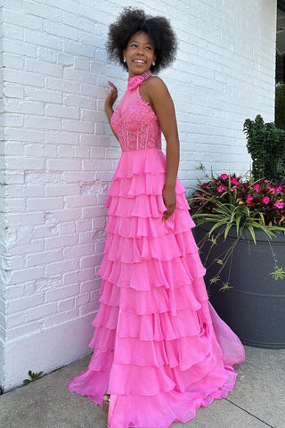 Hot Halter Neck A-Line Chiffon Ruffled Long Corset Prom Dress with Appliques