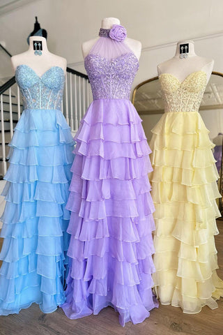 Hot Halter Neck A-Line Chiffon Ruffled Long Corset Prom Dress with Appliques