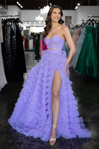 Lilac Sweetheart A-Line Tulle Ruffled Long Cut-out Prom Dress with Slit