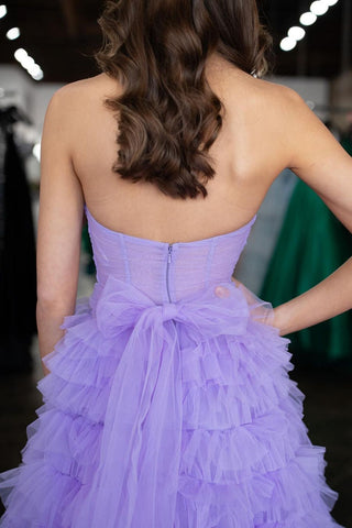 Lilac Sweetheart A-Line Tulle Ruffled Long Cut-out Prom Dress with Slit