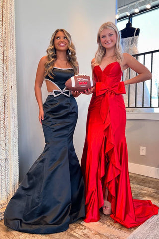 Vestido de fiesta largo de sirena con corsé de satén, tirantes finos y lazo.