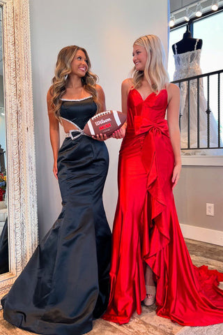 Vestido de fiesta largo de sirena con corsé de satén, tirantes finos y lazo.