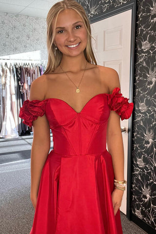 A-Line Off the Shoulder Satin Long Corset Prom Dress with Slit