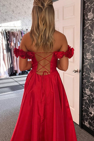 A-Line Off the Shoulder Satin Long Corset Prom Dress with Slit