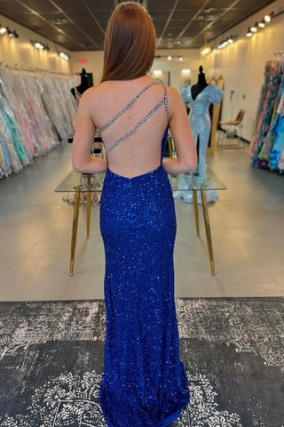 One Shoulder Sequins Cut-out Mermaid Long Prom Dress with Slit