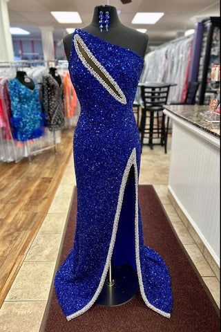 One Shoulder Sequins Cut-out Mermaid Long Prom Dress with Slit