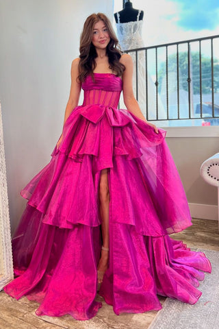Chic  Strapless A-Line Tiered Long Corset Prom Dress with Slit