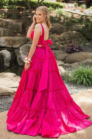 V-neck A-Line Satin Tiered Two Pieces Long Prom Dress