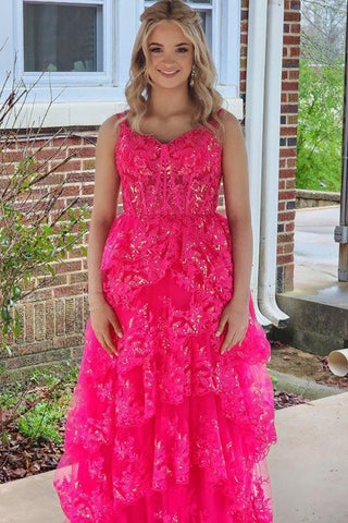 Robe de bal longue en tulle à bretelles spaghetti, coupe trapèze, corset à volants et appliques