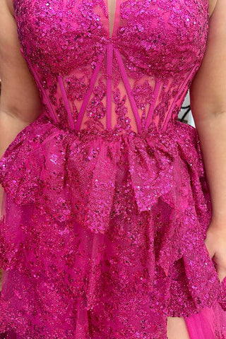Sequins Halter Neck Tiered A Line Long Corset Prom Dress with Slit