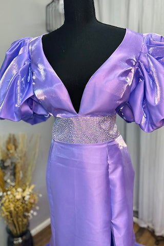 V Neck Mermaid Puff Sleeves Long Prom Dress with Slit