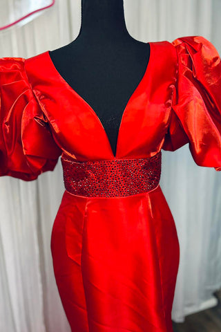 V Neck Mermaid Puff Sleeves Long Prom Dress with Slit