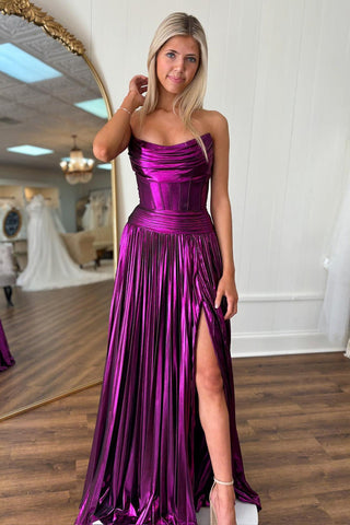 Strapless Metallic Pleated A-Line Long Corset Prom Dress with Slit