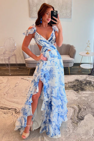 Robe de bal longue en mousseline imprimée de fleurs, col en V, coupe trapèze, à volants et fente.