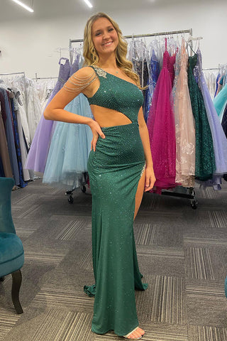 One Shoulder Mermaid Beaded Long Prom Dress with High Slit