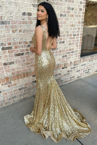 Glitter Gold V Neck Sequins Mermaid Long Prom Dress