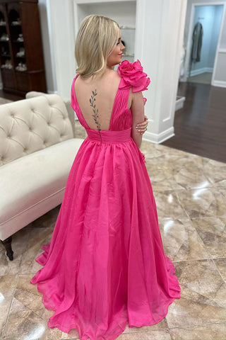 V Neck A Line Long Prom Dress with Ruffles