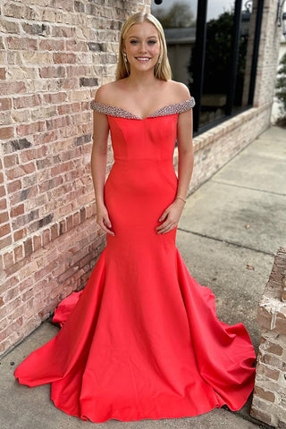 Off the Shoulder Mermaid Long Prom Dress with Beading