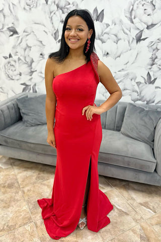 One Shoulder Mermaid Beaded Long Prom Dress with Slit