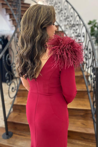 One Shoulder Mermaid Feather Long Prom Dress with Slit