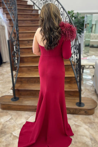 One Shoulder Mermaid Feather Long Prom Dress with Slit
