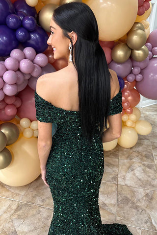 Sparkly Dark Green Off The Shoulder Sequin Mermaid Long Prom Dress