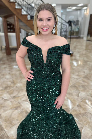Sparkly Dark Green Off The Shoulder Sequin Mermaid Long Prom Dress