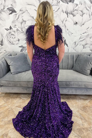 Sparkly Grape Off The Shoulder Sequins Mermaid Long Prom Dress with Feather