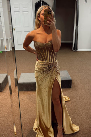 Golden Sweetheart Mermaid Beaded Long Corset Prom Dress with Slit