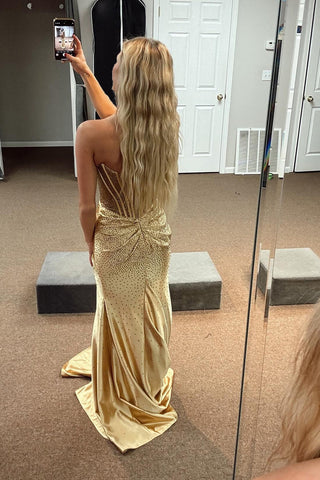 Golden Sweetheart Mermaid Beaded Long Corset Prom Dress with Slit