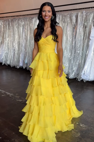 Sweetheart Chiffon Tiered A-Line Long Prom Dress