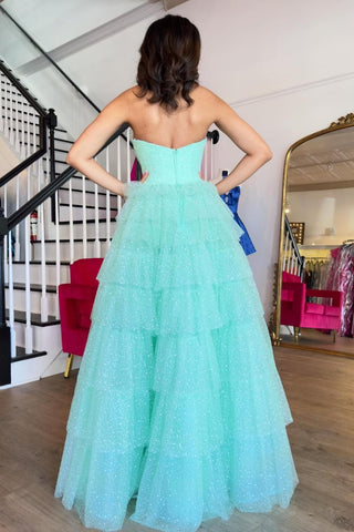 Sweetheart Tulle Tiered A-Line Long Prom Dress with Slit