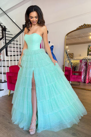 Sweetheart Tulle Tiered A-Line Long Prom Dress with Slit