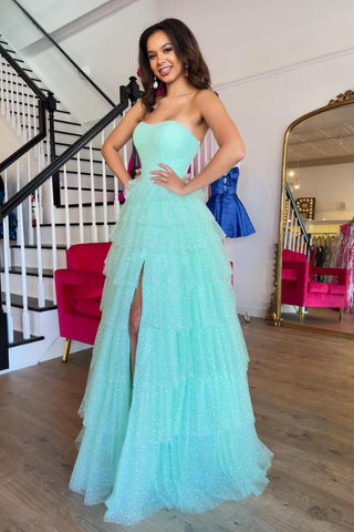 Sweetheart Tulle Tiered A-Line Long Prom Dress with Slit