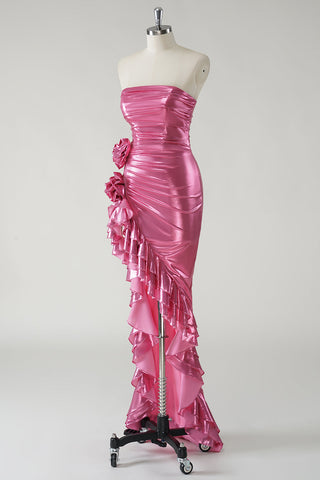 Sparkly Metallic Fuchsia Ruffled Long Prom Dress with Slit