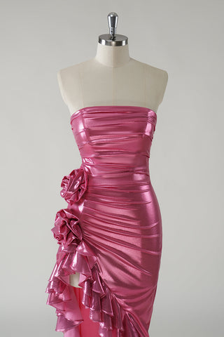 Sparkly Metallic Fuchsia Ruffled Long Prom Dress with Slit