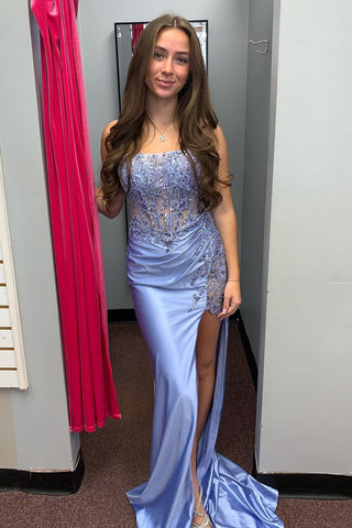 Strapless Satin Mermaid Appliqued Long Corset Prom Dress with Slit