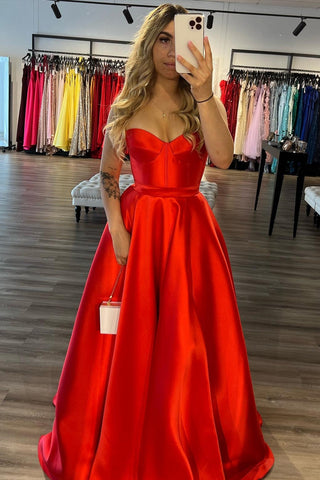Sweetheart Satin A-Line Long Corset Prom Dress with Slit