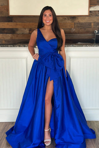 One Shoulder Princess Satin Long Prom Dress with Bow