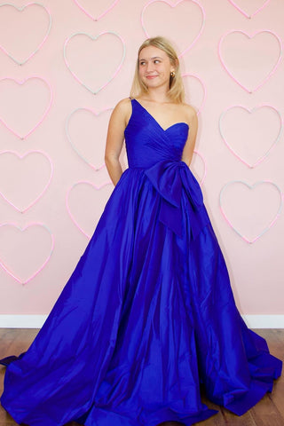 One Shoulder Princess Satin Long Prom Dress with Bow