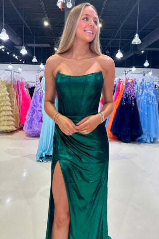 Strapless Mermaid Ruched Long Corset Prom Dress with Slit