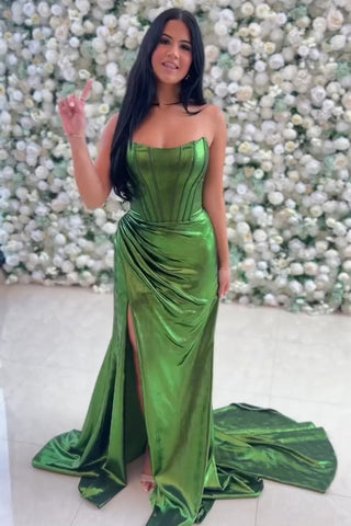 Strapless Mermaid Ruched Long Corset Prom Dress with Slit
