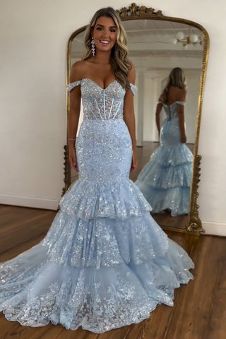Mermaid Off the Shoulder Tulle Tiered Long Corset Prom Dress with Sequins