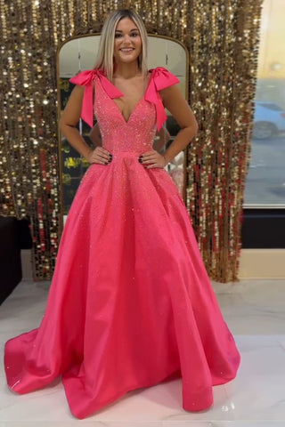 Princess Deep V-neck Satin Long Prom Dress with Beading