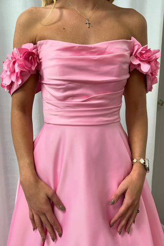 Off the Shoulder Satin A-Line Long Prom Dress with 3D Flowers