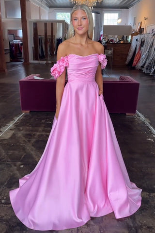 Off the Shoulder Satin A-Line Long Prom Dress with 3D Flowers